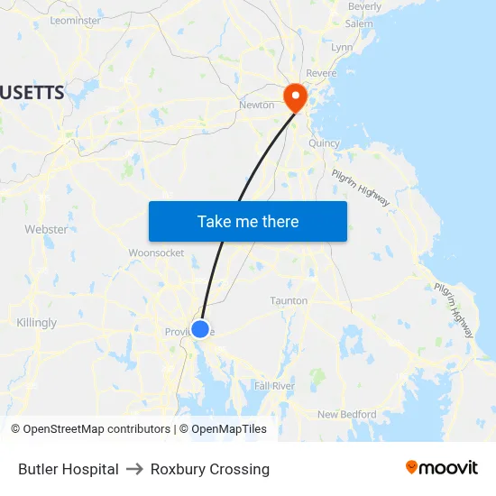 Butler Hospital to Roxbury Crossing map