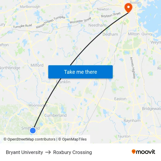 Bryant University to Roxbury Crossing map