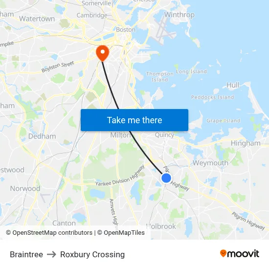 Braintree to Roxbury Crossing map