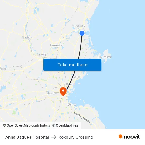 Anna Jaques Hospital to Roxbury Crossing map
