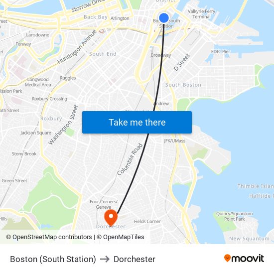 Boston (South Station) to Dorchester map