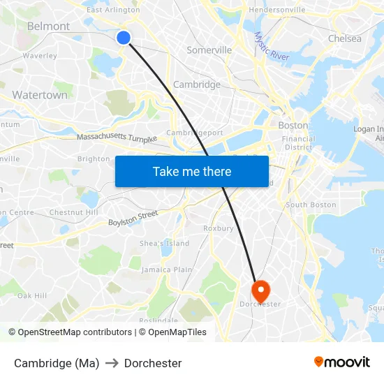 Cambridge (Ma) to Dorchester map