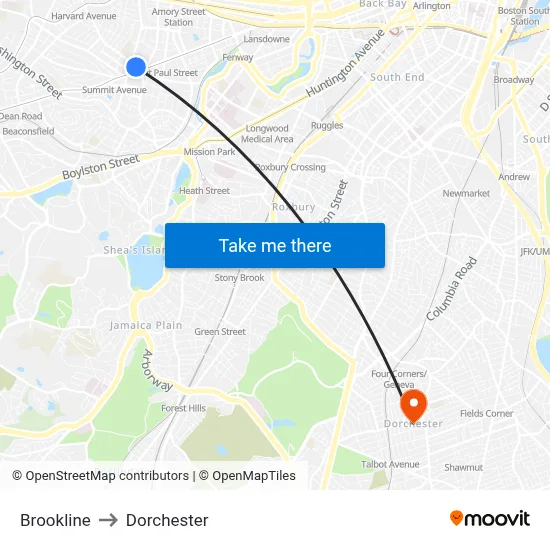 Brookline to Dorchester map