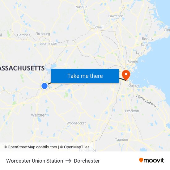 Worcester Union Station to Dorchester map