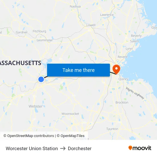 Worcester Union Station to Dorchester map