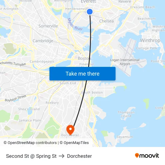Second St @ Spring St to Dorchester map