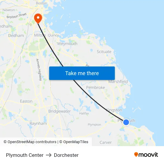 Plymouth Center to Dorchester map