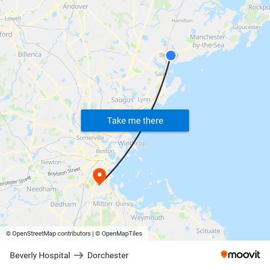Beverly Hospital to Dorchester map