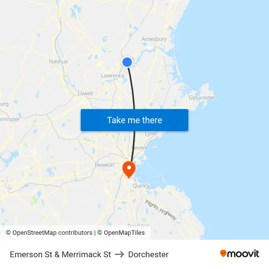 Emerson St & Merrimack St to Dorchester map