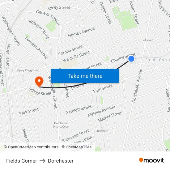 Fields Corner to Dorchester map