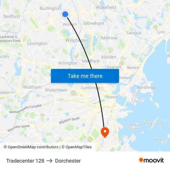 Tradecenter 128 to Dorchester map