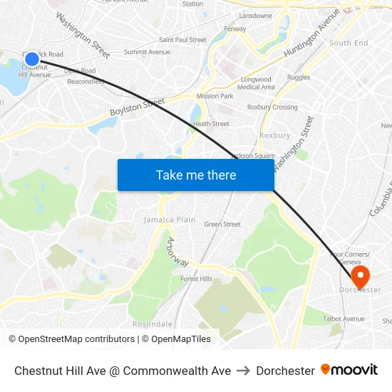 Chestnut Hill Ave @ Commonwealth Ave to Dorchester map