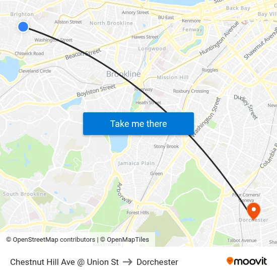 Chestnut Hill Ave @ Union St to Dorchester map