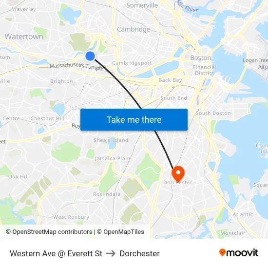 Western Ave @ Everett St to Dorchester map
