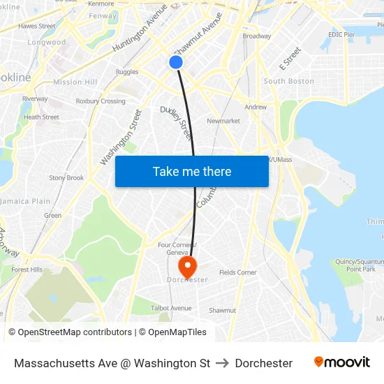 Massachusetts Ave @ Washington St to Dorchester map