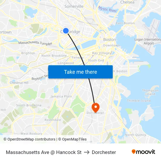 Massachusetts Ave @ Hancock St to Dorchester map