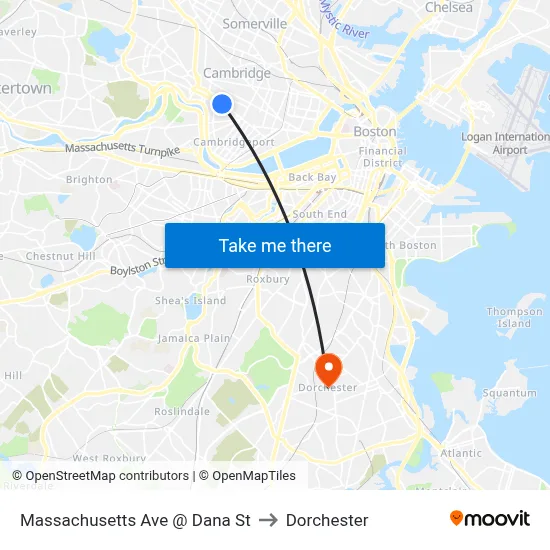Massachusetts Ave @ Dana St to Dorchester map