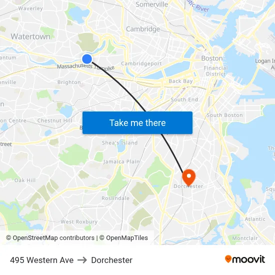 495 Western Ave to Dorchester map