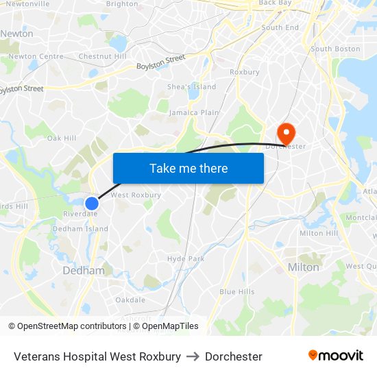 Veterans Hospital West Roxbury to Dorchester map