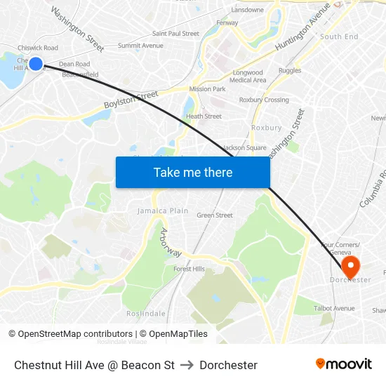 Chestnut Hill Ave @ Beacon St to Dorchester map