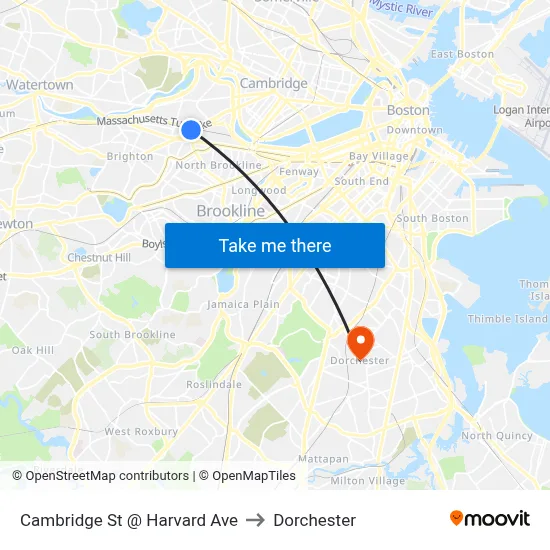 Cambridge St @ Harvard Ave to Dorchester map