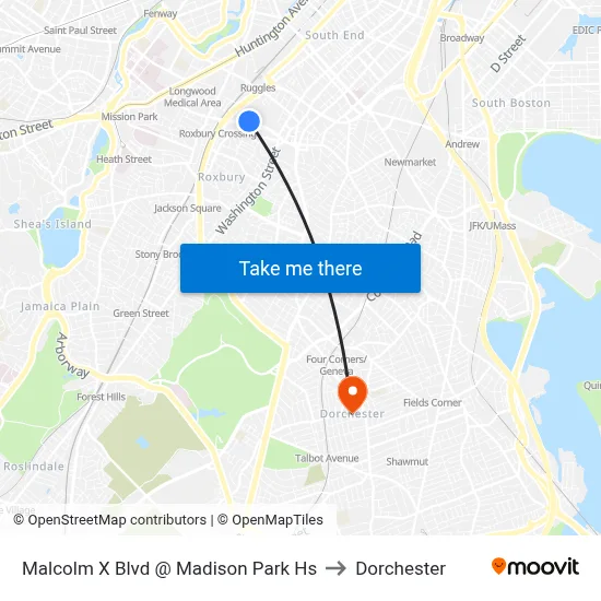 Malcolm X Blvd @ Madison Park Hs to Dorchester map
