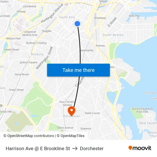 Harrison Ave @ E Brookline St to Dorchester map