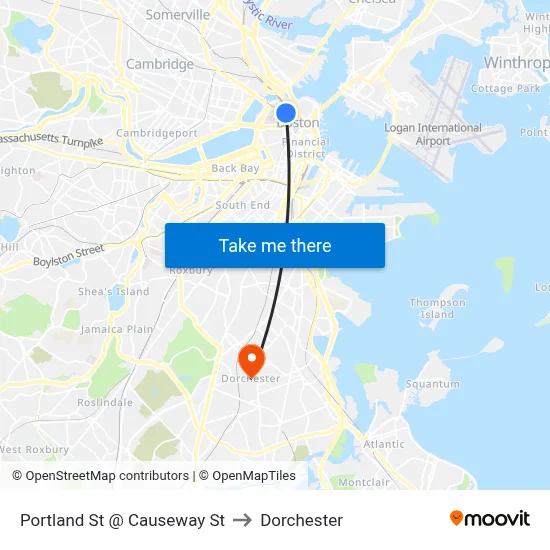 Portland St @ Causeway St to Dorchester map