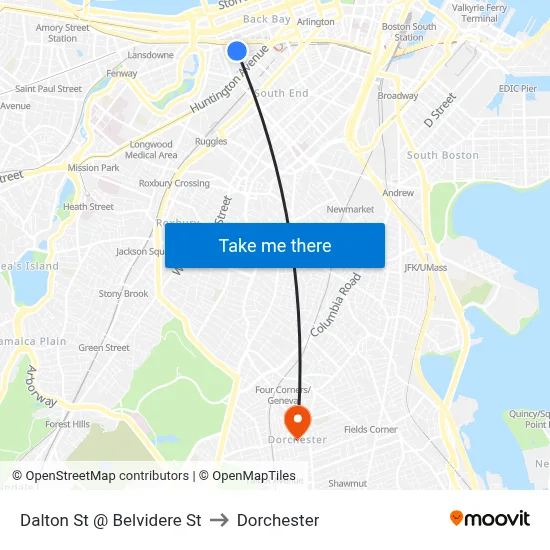 Dalton St @ Belvidere St to Dorchester map