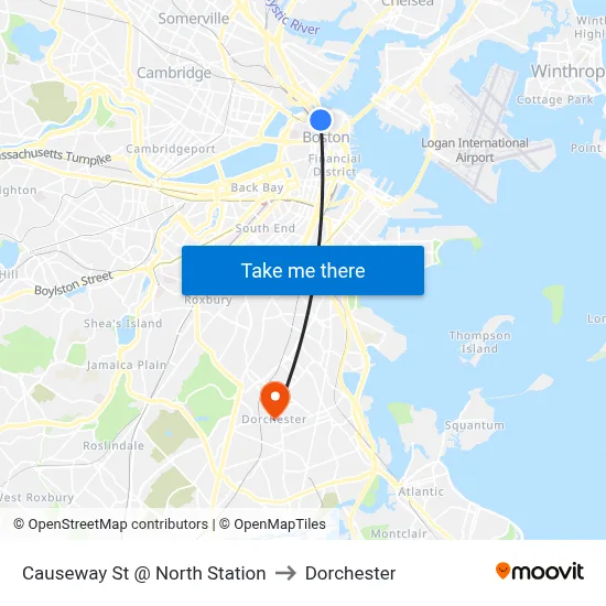 Causeway St @ North Station to Dorchester map