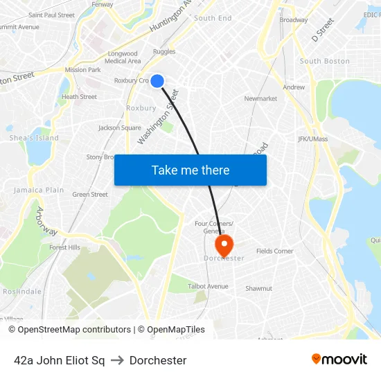 42a John Eliot Sq to Dorchester map