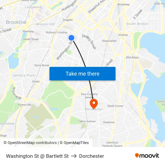 Washington St @ Bartlett St to Dorchester map