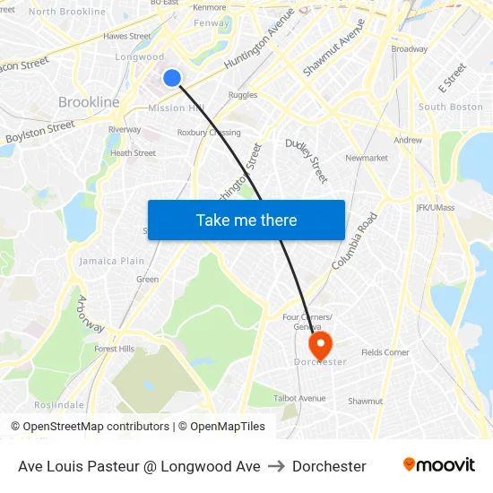 Ave Louis Pasteur @ Longwood Ave to Dorchester map