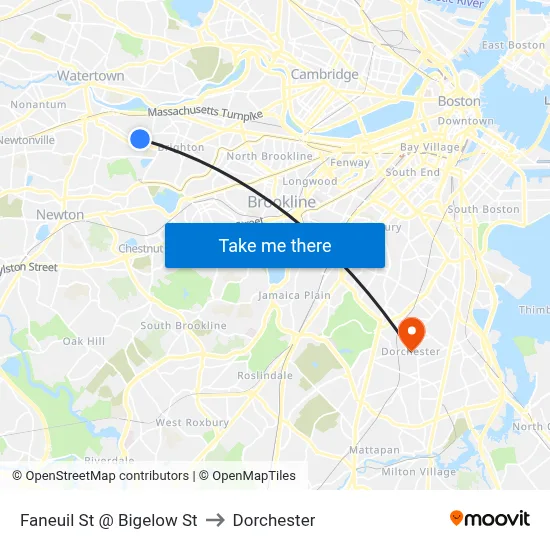 Faneuil St @ Bigelow St to Dorchester map