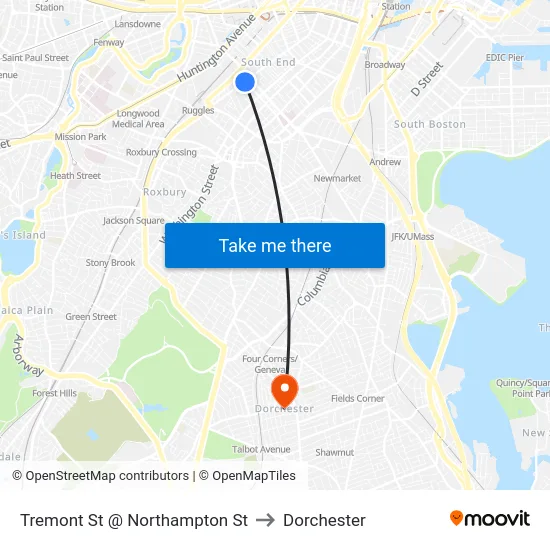 Tremont St @ Northampton St to Dorchester map