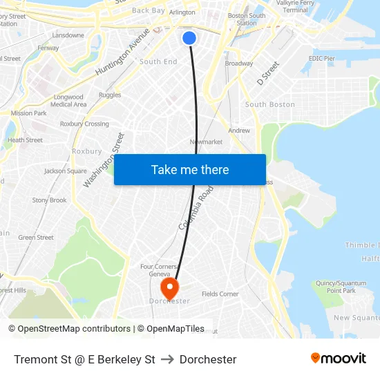 Tremont St @ E Berkeley St to Dorchester map