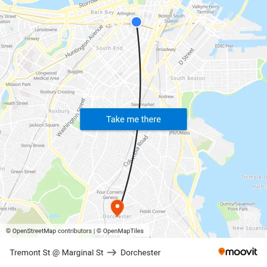 Tremont St @ Marginal St to Dorchester map