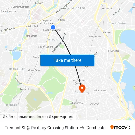 Tremont St @ Roxbury Crossing Station to Dorchester map