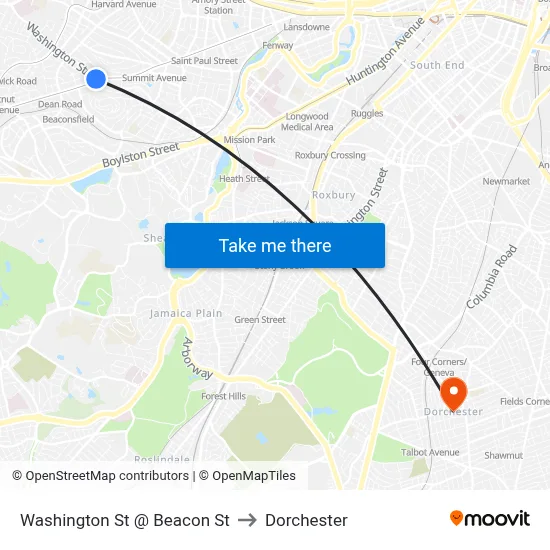 Washington St @ Beacon St to Dorchester map