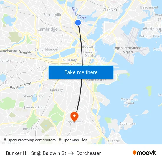 Bunker Hill St @ Baldwin St to Dorchester map