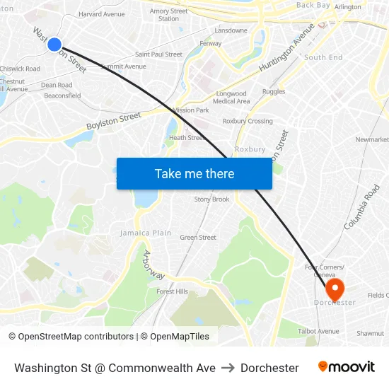 Washington St @ Commonwealth Ave to Dorchester map