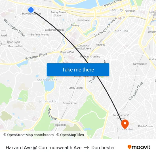 Harvard Ave @ Commonwealth Ave to Dorchester map