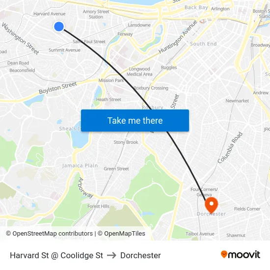 Harvard St @ Coolidge St to Dorchester map