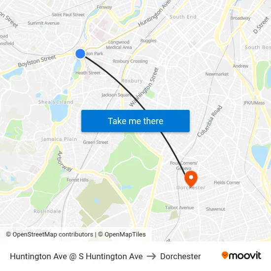 Huntington Ave @ S Huntington Ave to Dorchester map