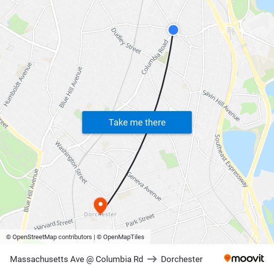 Massachusetts Ave @ Columbia Rd to Dorchester map