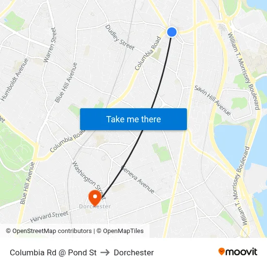 Columbia Rd @ Pond St to Dorchester map