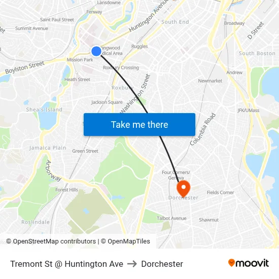 Tremont St @ Huntington Ave to Dorchester map