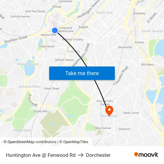 Huntington Ave @ Fenwood Rd to Dorchester map