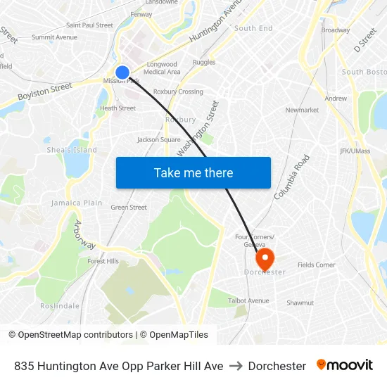835 Huntington Ave Opp Parker Hill Ave to Dorchester map