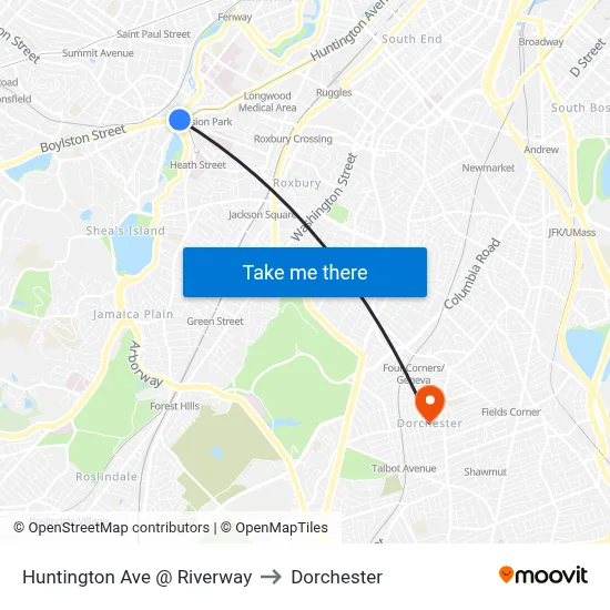 Huntington Ave @ Riverway to Dorchester map